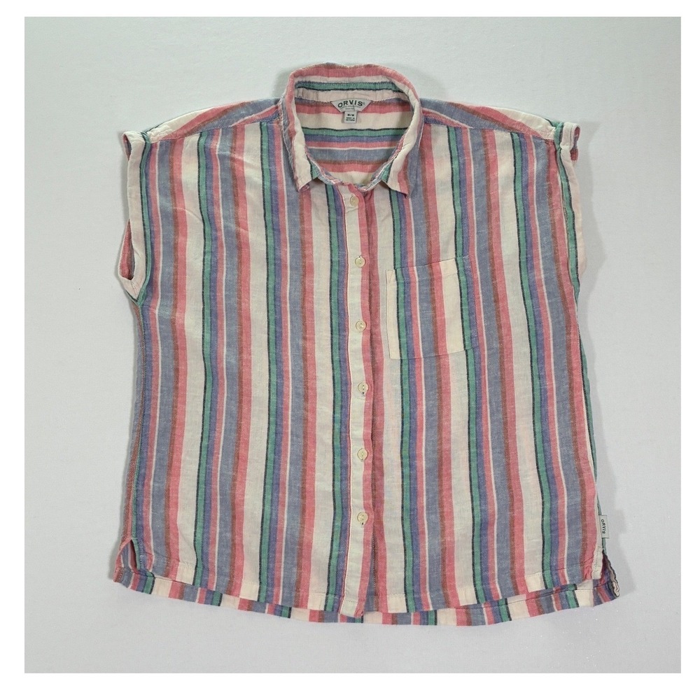 Orvis Womens M Multicolor Striped Linen Rayon Sleeveless Button Down Shirt
